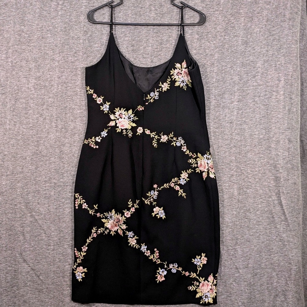 Maggy London Black Sheath Dress Floral Embroidery Beaded Straps Size 12 - Picture 3 of 7